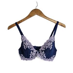 Wacoal Embrace Lace Plunge Navy Blue Purple Underwire Bra 853291 Size 34C